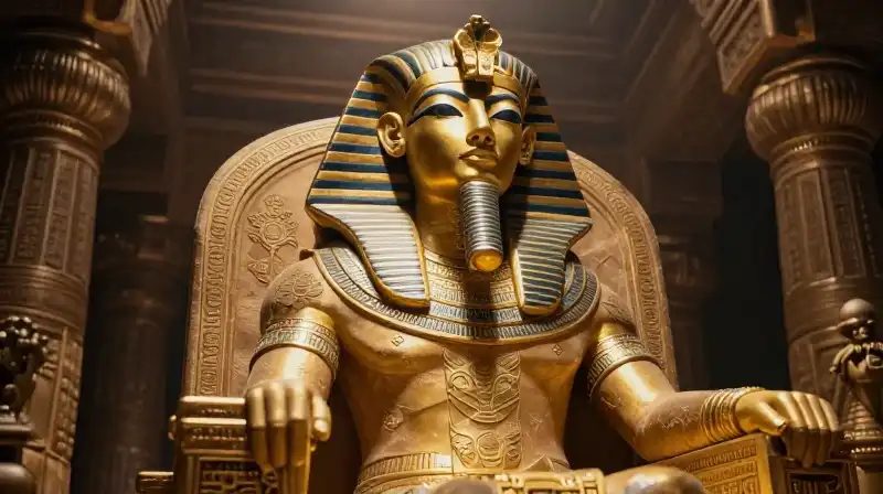A golden-crowned Pharaoh sits upon an ornate sandstone throne