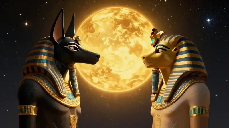 Anubis and Ra face off amidst a starlit cosmos