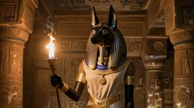 Anubis-eared goddess Anput wears gold jewelry in a tomb
