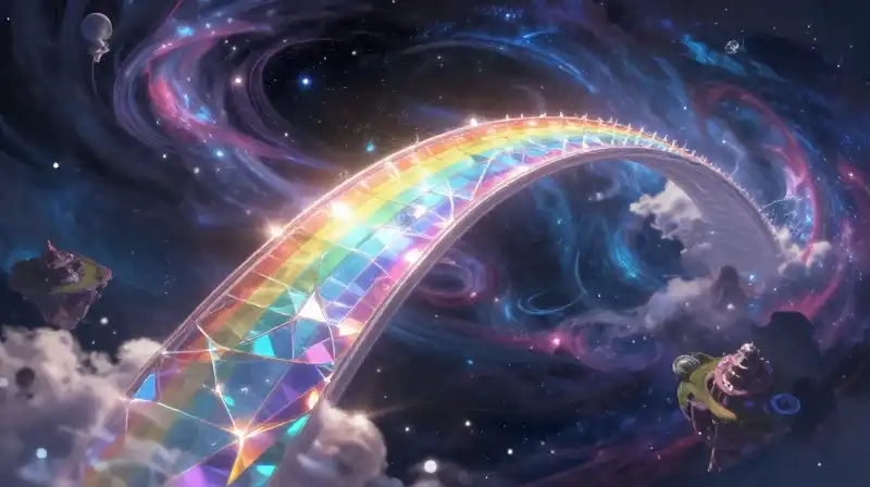 A prismatic rainbow bridge connects floating celestial islands amidst nebulas