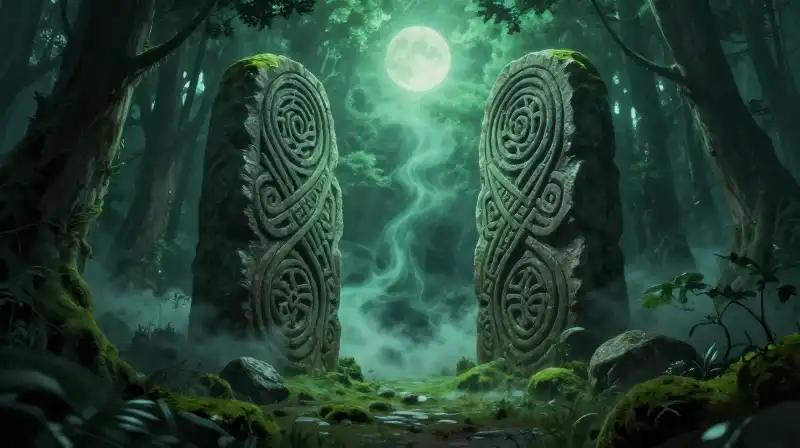 An ancient, carved stone monolith stands in a misty forest