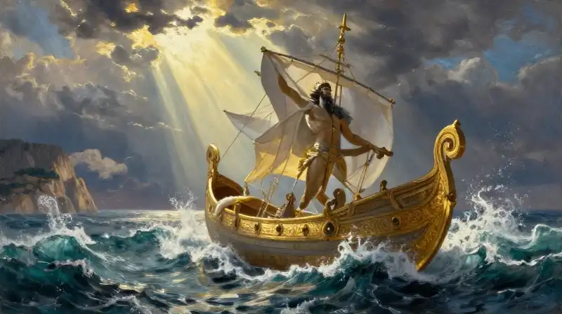 Poseidon rises from churning waves near a golden ship