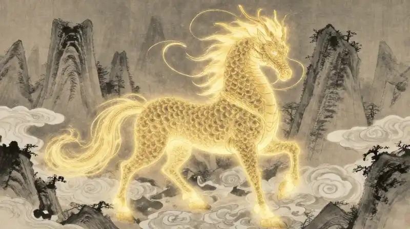 A golden dragon-scaled horse wanders through swirling celestial clouds
