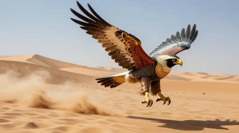 A winged falcon deity sprints across ancient desert dunes