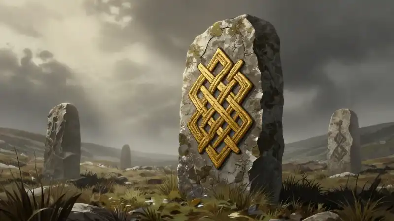 Golden knotwork carvings adorn an ancient stone monolith amidst mist