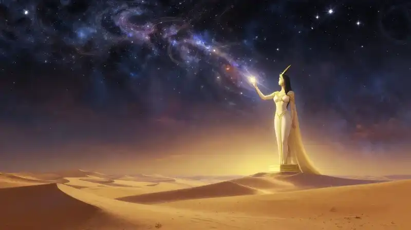 Goddess Nut arches over Geb amidst a starry cosmos