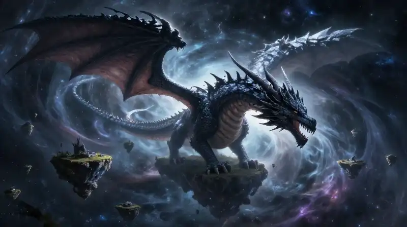 A massive cosmic dragon drifts through tiny floating islands