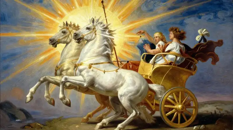 Helios drives a golden chariot pulled by white horses