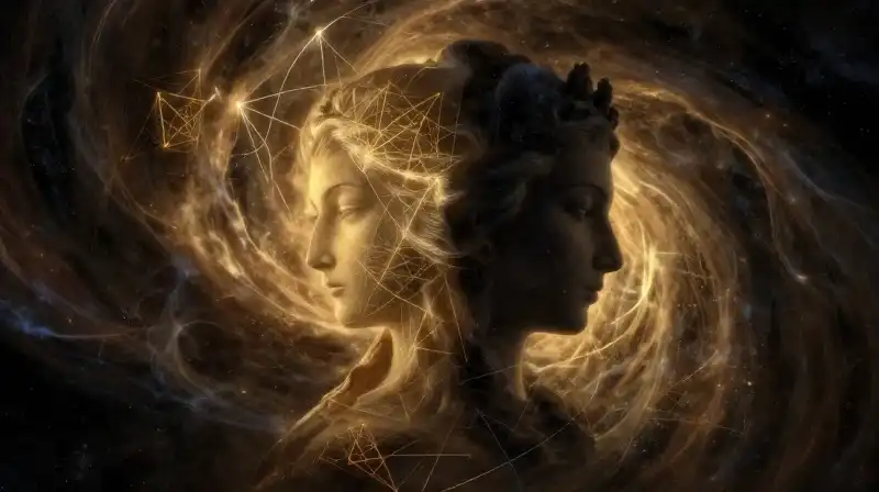 A dual-faced cosmic deity emerges from swirling golden nebulae
