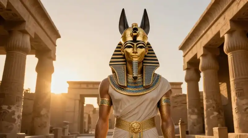 A bearded deity stands before a golden jackal silhouette
