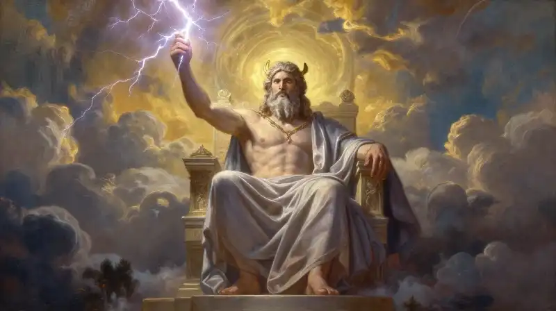Zeus holds a lightning bolt upon his celestial throne