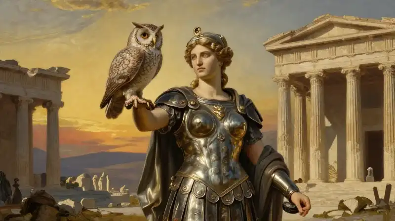 Minerva in bronze armor stands by owl-perched marble ruins