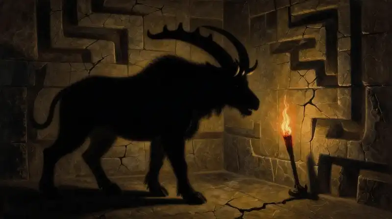 A shadowy minotaur looms within a torchlit stone labyrinth