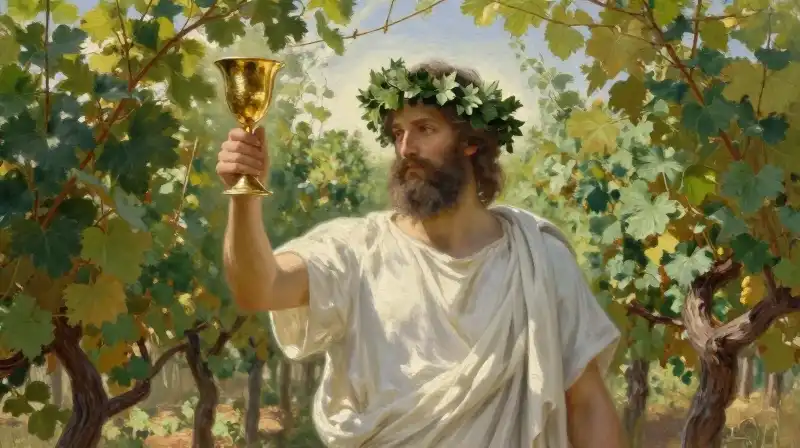 Dionysus wears an ivy crown amidst a sunlit vineyard