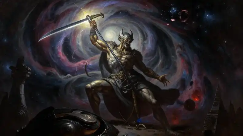 Colossal Cronus grips a glowing scythe amidst swirling nebulae