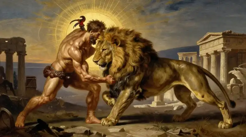 Muscular Heracles wrestles a lion amidst sun-drenched Greek ruins