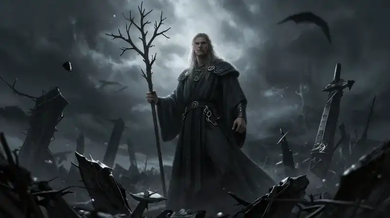 A blind Norse god rises amidst a dark battlefield