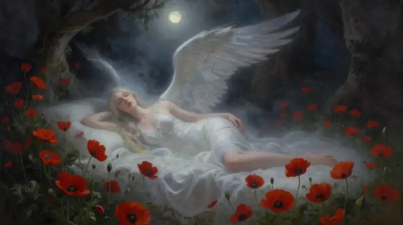 Hypnos reclines on poppies amidst misty wings in a cavern
