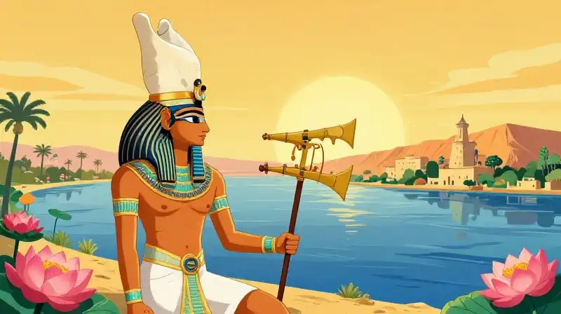 An Egyptian deity holds a sistrum by a sunny river