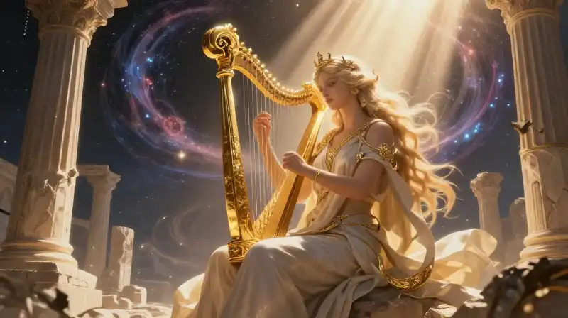Apollo holds a golden lyre amidst cosmic nebula ruins
