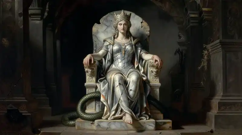 A serpent-tailed queen sits upon a crumbling marble throne