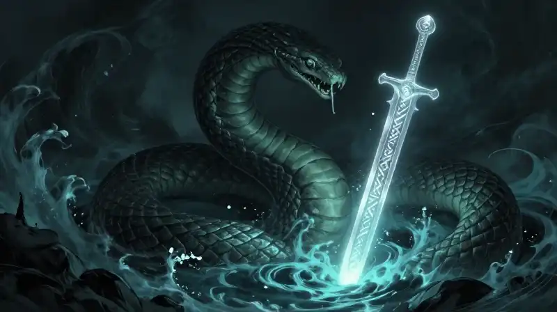 A glowing rune-etched sword rests amidst massive coiling serpents