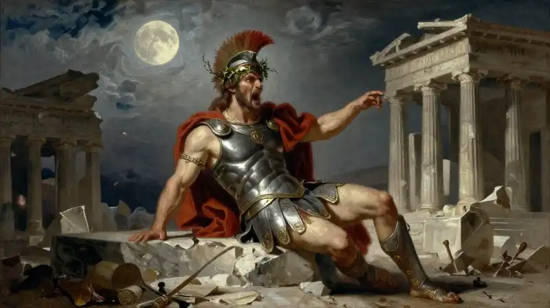 A stoic Spartan king and vine-crowned deity face chaos