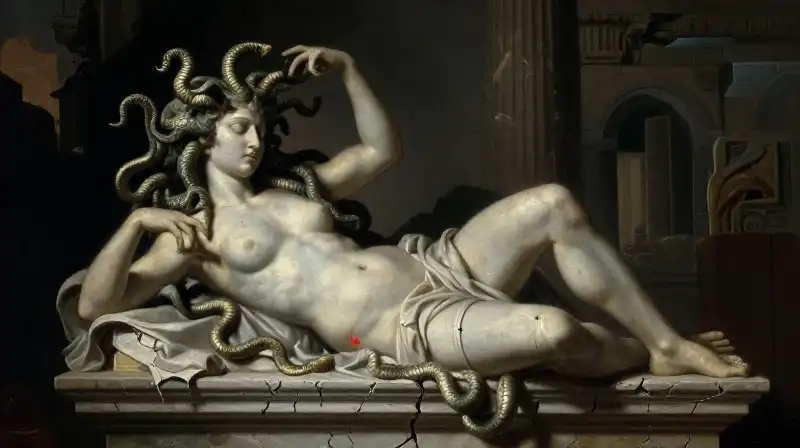 Medusa with writhing snake hair stands amidst dark temple ruins