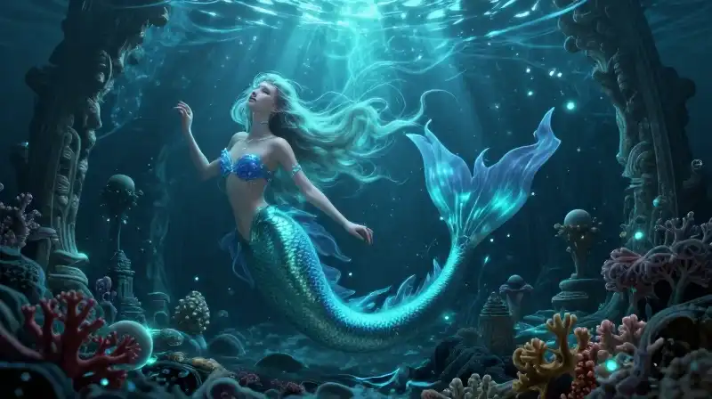 A dual-natured mermaid swims through glowing, ancient coral ruins