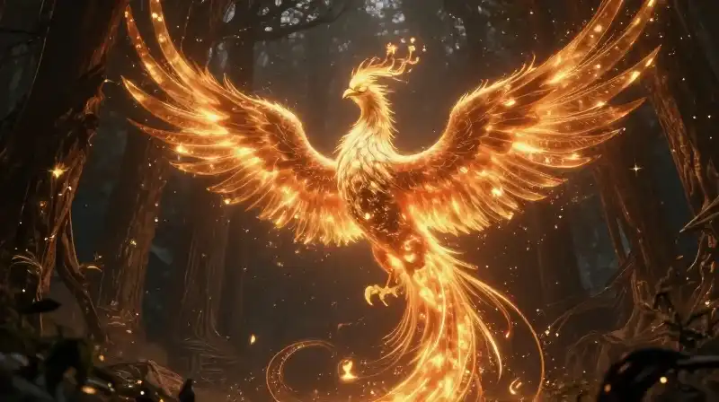 A glowing phoenix flies through a mystical ancient forest