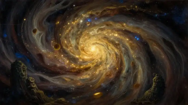 A golden celestial spirit emerges from swirling cosmic nebulae