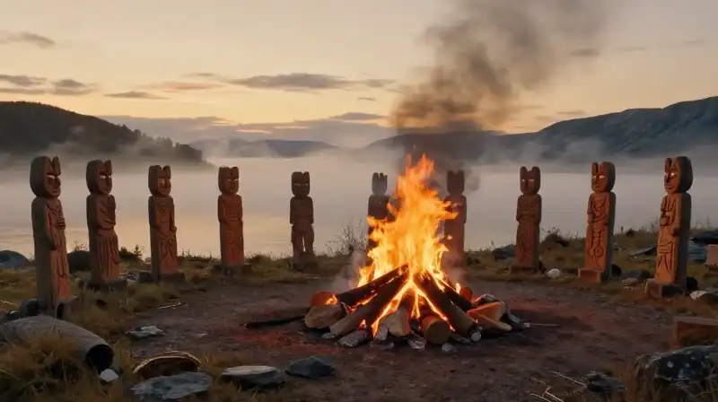 A Viking bonfire burns amidst misty fjord totem carvings