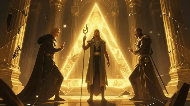 Three gods face off amidst fractured, glowing golden halls