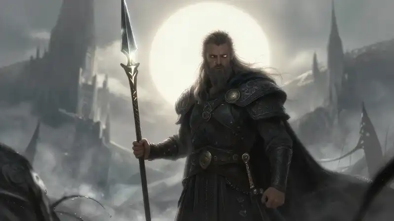 A one-eyed Norse warrior holds a glowing, rune-etched spear