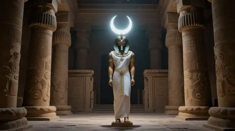 Osiris in white linen stands amidst ancient desert ruins