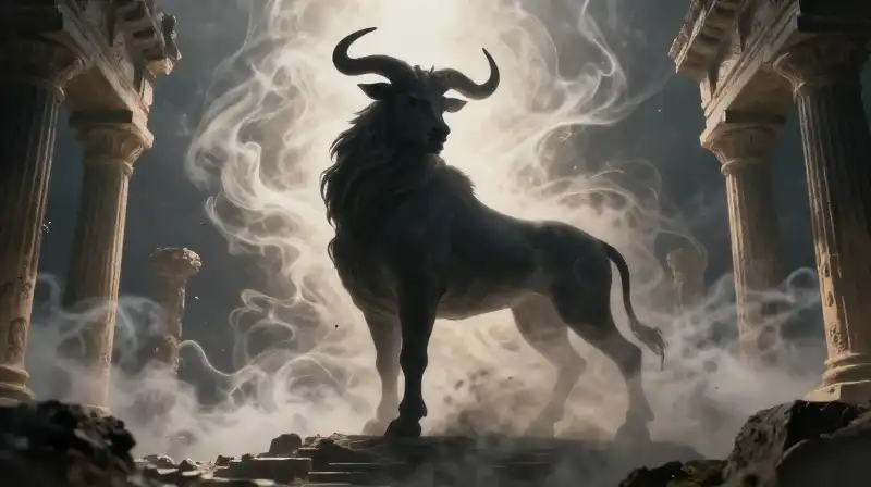A majestic minotaur silhouette stands amidst misty ancient ruins