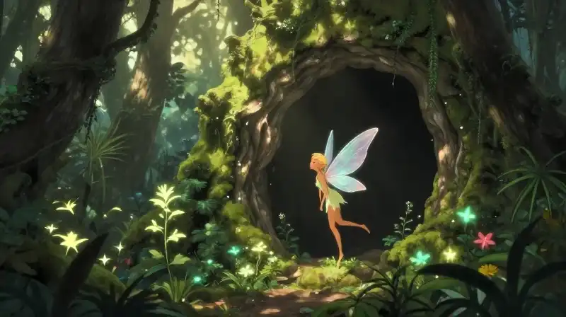 An ethereal pixie rests within a glowing, mossy forest