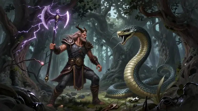 Perun wields a lightning axe against a serpent in a forest