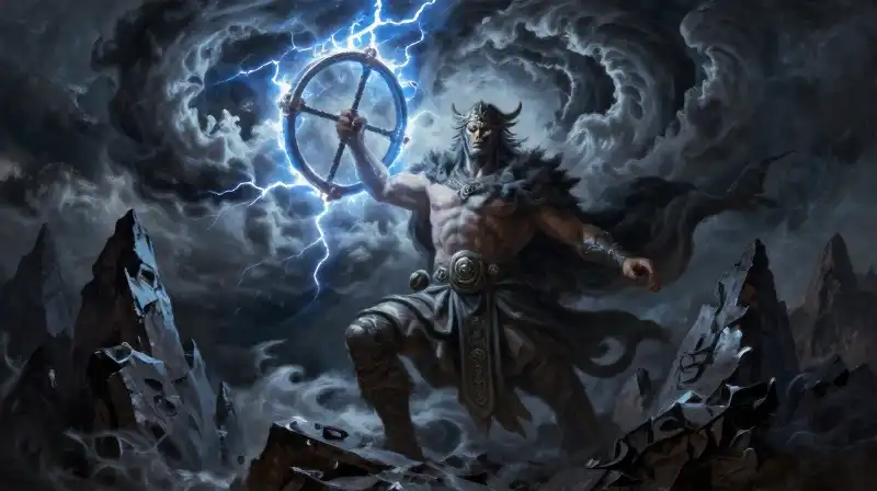 A mighty Celtic deity wields lightning amidst dark mountain peaks