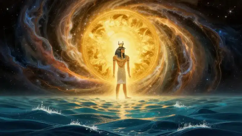 Atum emerges from swirling primordial waters beneath a golden sun